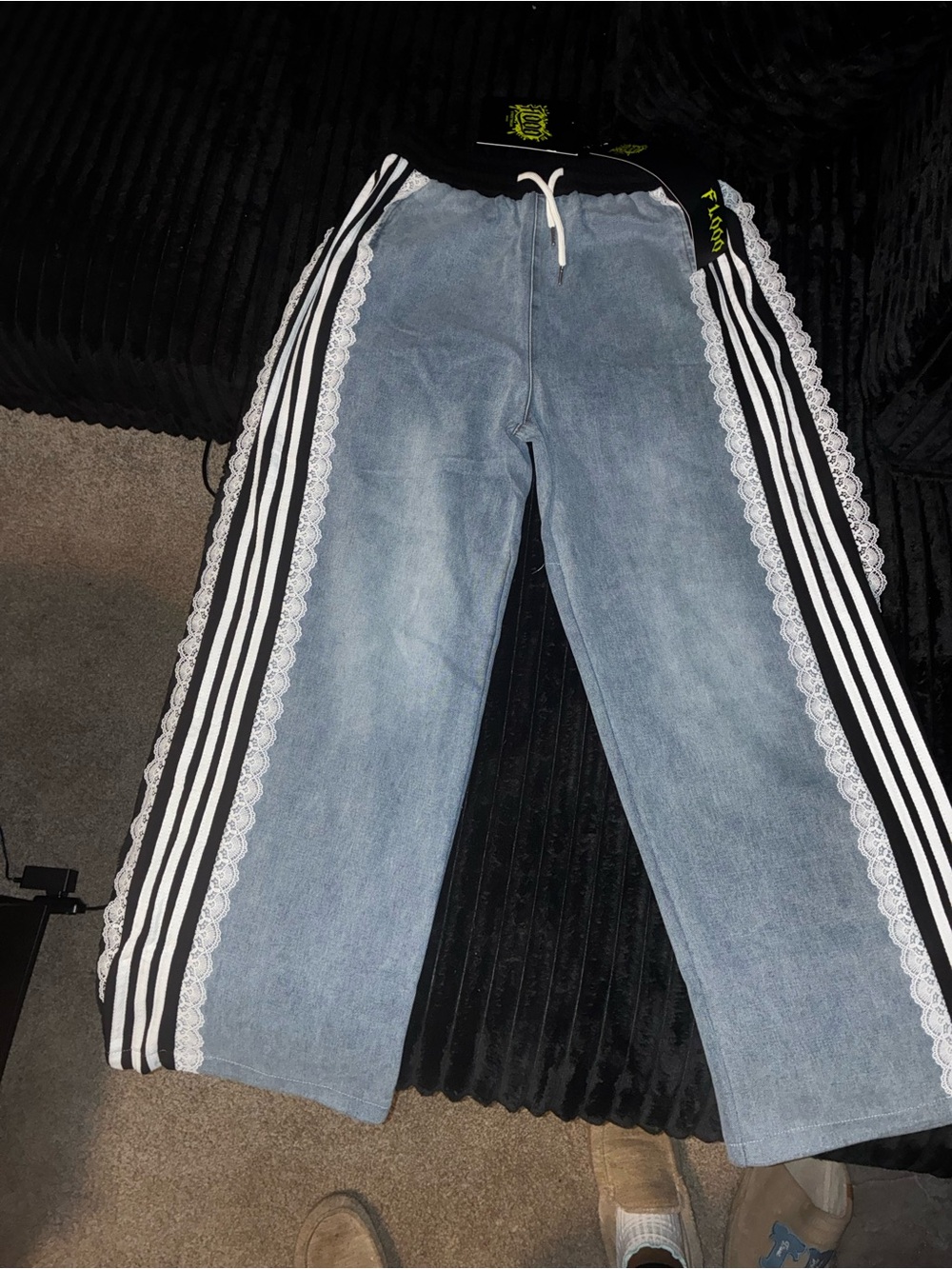 Womens Lace-Trim Denim Track Pants - Black & Light Blue